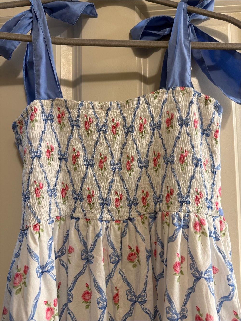 entro White Floral Maxi Dress with Blue Trim & Bow Straps - Picture 5 of 6